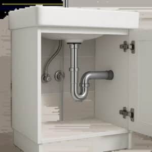 Illustration d’un siphon de lavabo moderne sous une vasque de salle de bain. L’image met en avant une installation propre, compacte et facile à entretenir.