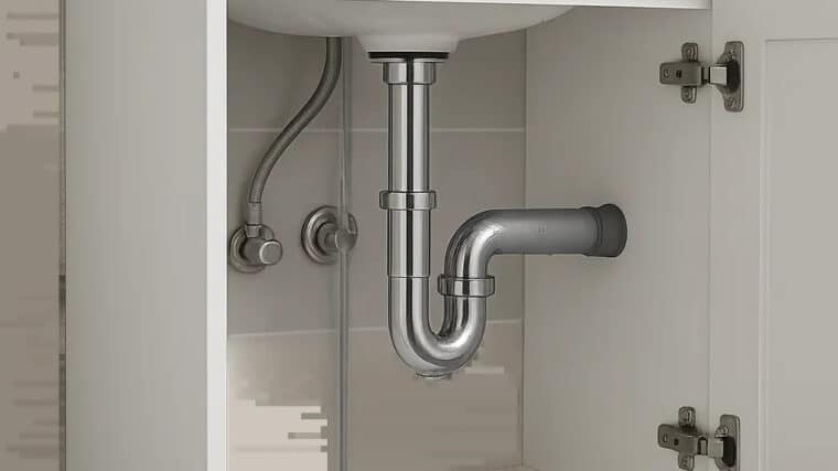 Illustration d’un siphon de lavabo moderne sous une vasque de salle de bain. L’image met en avant une installation propre, compacte et facile à entretenir.