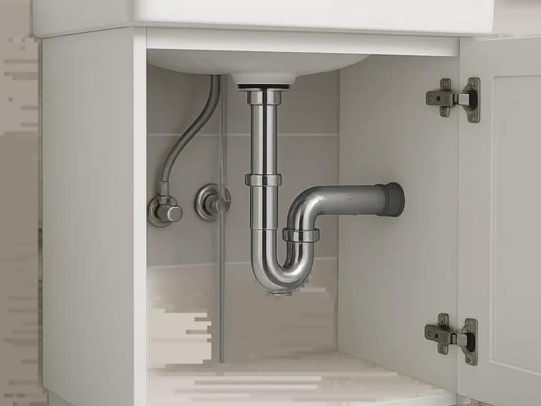 Illustration d’un siphon de lavabo moderne sous une vasque de salle de bain. L’image met en avant une installation propre, compacte et facile à entretenir.