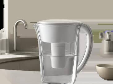 Illustration d’une carafe filtrante premium dans une cuisine moderne, mettant en avant l’élégance, la praticité et l’usage quotidien. L’image évoque le choix entre plusieurs formats et matériaux sans surcharge visuelle.