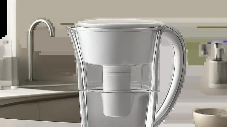 Illustration d’une carafe filtrante premium dans une cuisine moderne, mettant en avant l’élégance, la praticité et l’usage quotidien. L’image évoque le choix entre plusieurs formats et matériaux sans surcharge visuelle.