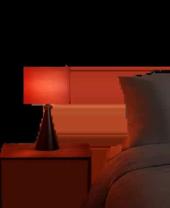 Une scène minimaliste met en valeur une lumière rouge douce dans une chambre moderne. L’ambiance évoque le confort visuel, la détente et l’usage du soir à la maison.