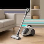 Mise en scène d’un aspirateur compact dans un intérieur élégant et épuré. L’image évoque la praticité, le gain de place et le confort du nettoyage quotidien.