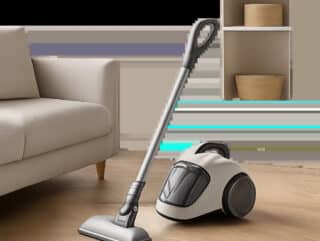 Mise en scène d’un aspirateur compact dans un intérieur élégant et épuré. L’image évoque la praticité, le gain de place et le confort du nettoyage quotidien.