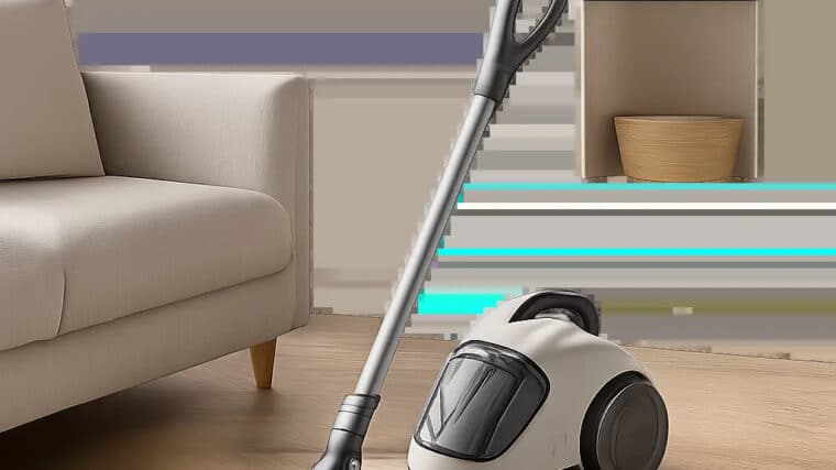 Mise en scène d’un aspirateur compact dans un intérieur élégant et épuré. L’image évoque la praticité, le gain de place et le confort du nettoyage quotidien.