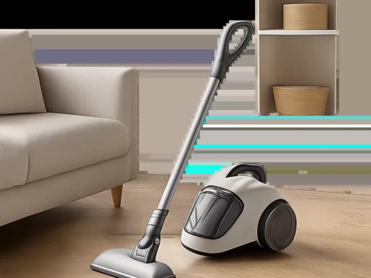 Mise en scène d’un aspirateur compact dans un intérieur élégant et épuré. L’image évoque la praticité, le gain de place et le confort du nettoyage quotidien.