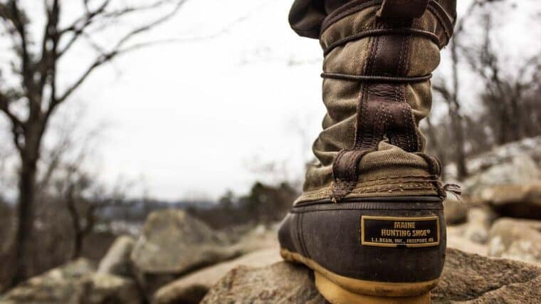 Botte de marche sur rocher, forêt enneigée, ciel gris