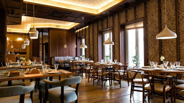 a room with tables and chairs