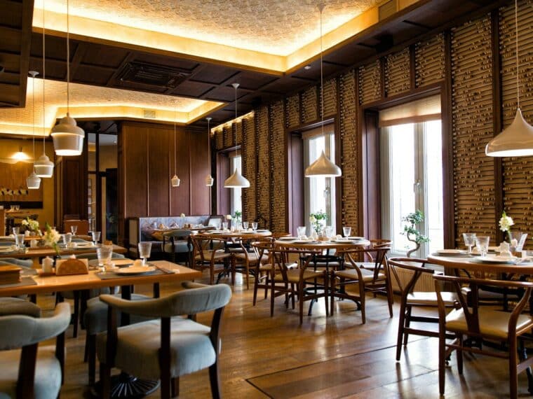 a room with tables and chairs