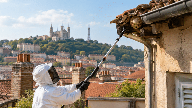 Destruction d'un nid de guêpes sous une toiture à Lyon en 2027